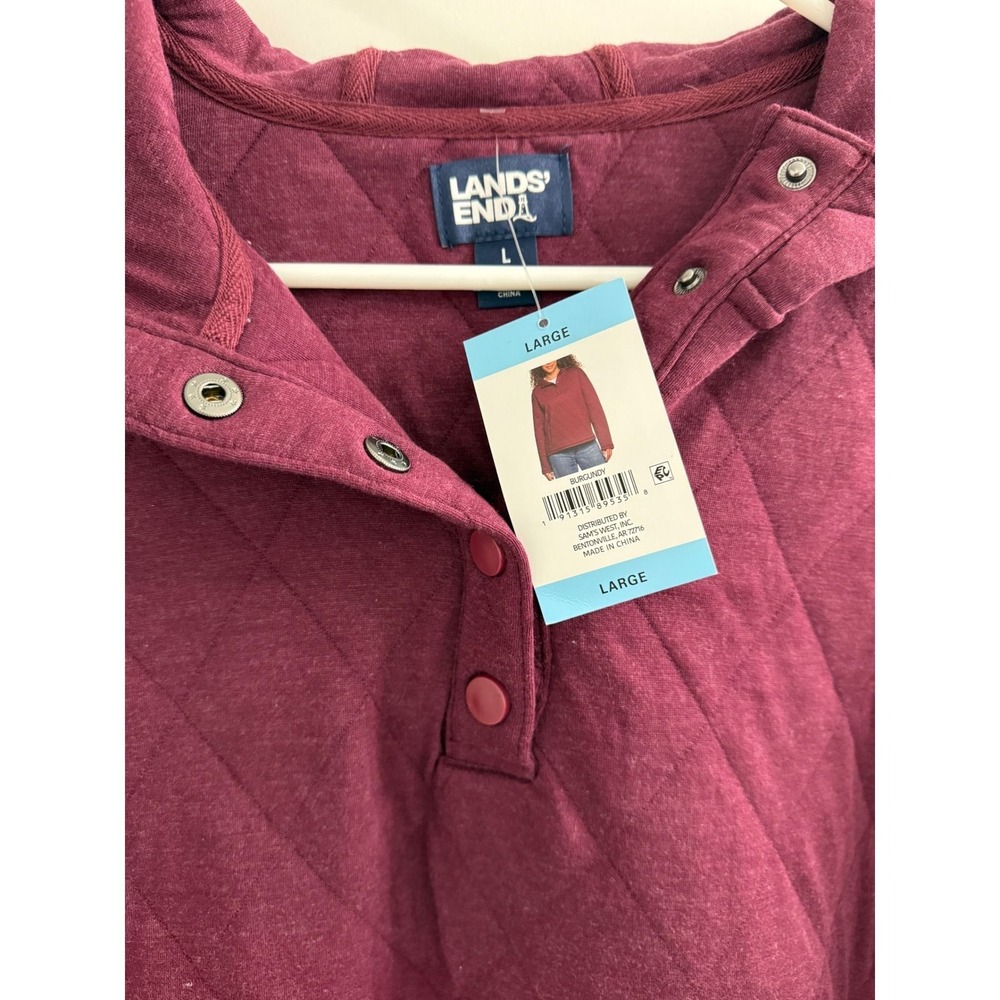 Lands End Womens Quilted Snap Neck Hoodie Burgundy Large NWT Pullover Sweatshirt - Picture 2 of 3